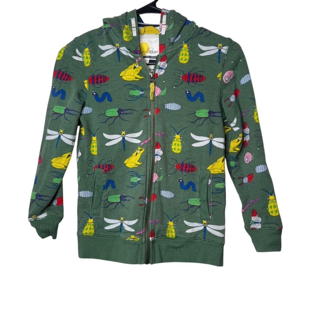 Mini Boden Green Hoodie with Colorful Insect Print (Size 7/8)